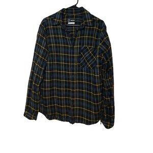 Original Use Flannel Shirt Plaid LongSleeve ButtonUp Top Black BlueYellow M(252)